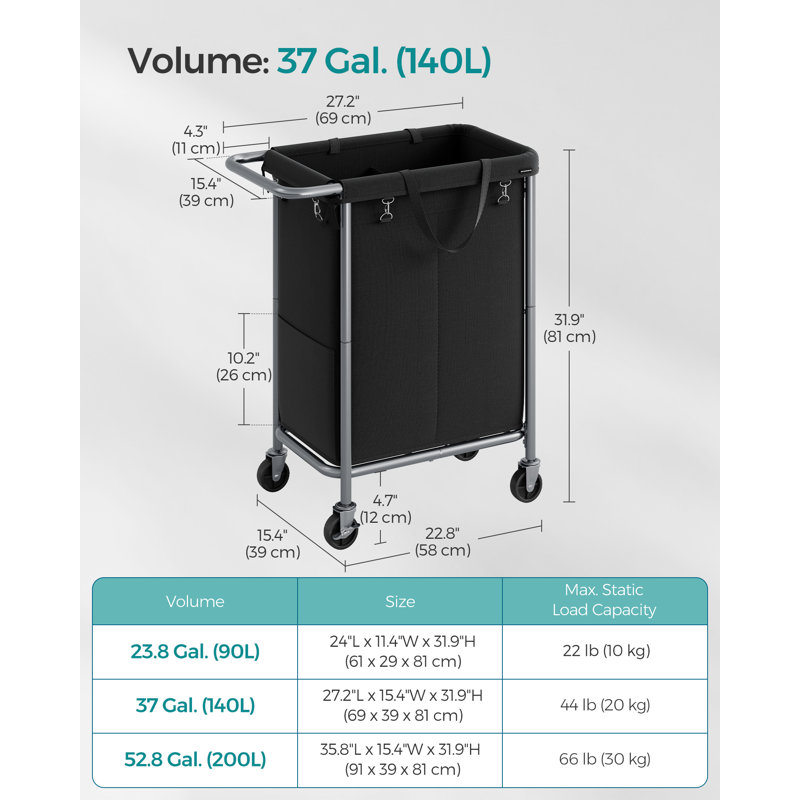 Rolling Laundry Hamper with Handles, Ink Black