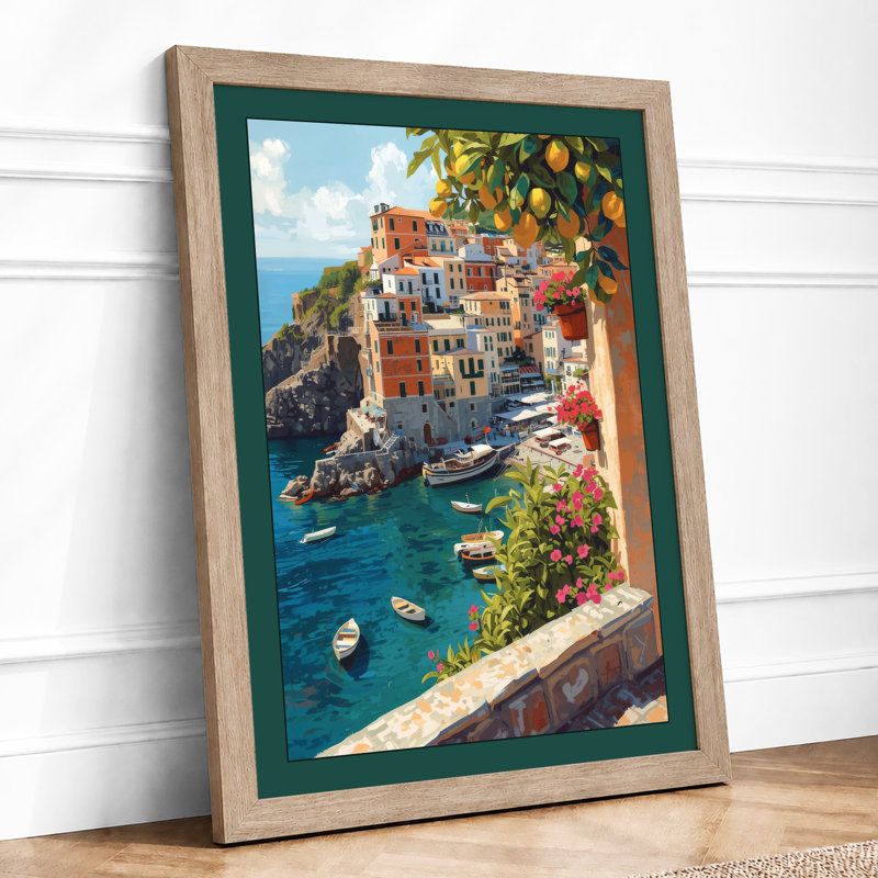 Mediterranean Village Coastal - Framed Print, Oak, A4 - 29.7 x 21.0 cm