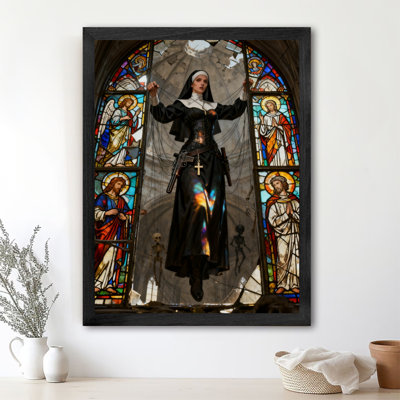 Black Framed Vintage Gothic Catholic nun, suspended in mid air operating puppet Wall Art Retro Style Framed Prints