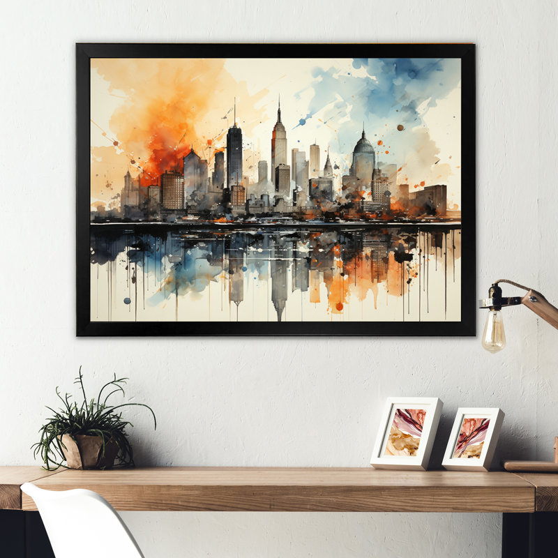 Aquarelle colorée de paysage urbain coloré de New York II - New York, Cadre simple noir, H 24 po x l 32 po x P 1 po