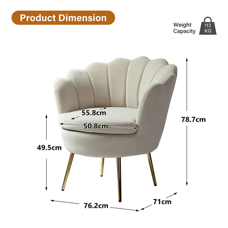 Donata  Modern Velvet Barrel Chair with Channel Tufted Back and Scalloped Seashell Edges, Tan