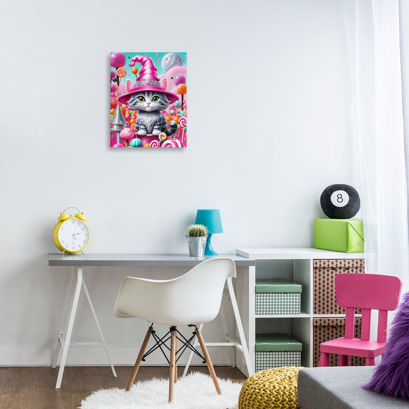 Chaton parmi des bonbons roses, toile de Tabz Jones, H 20 po x l 16 po