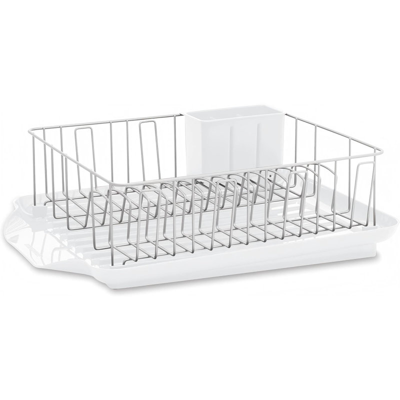 Classic Large Rust Resistant Full Dishrack With Removable 3 Compartment Flatware Caddy, Andlged Drain Board, 3-Piece, White