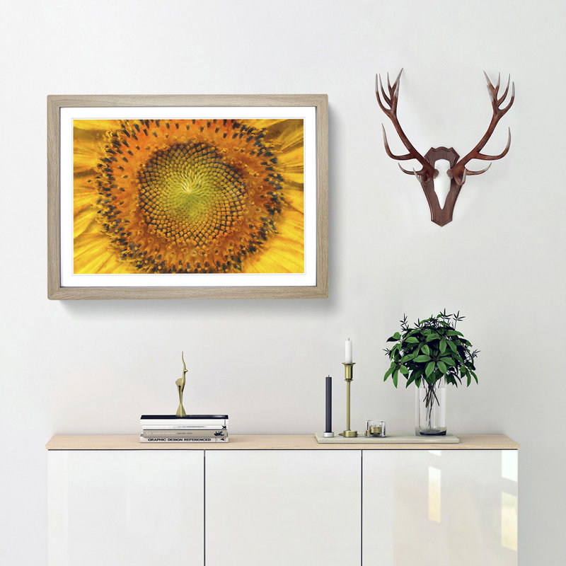 The Eye of a Yellow Sunflower - Picture Frame Painting Print, Oak Framed, 62cm H x 87cm W x 2cm D