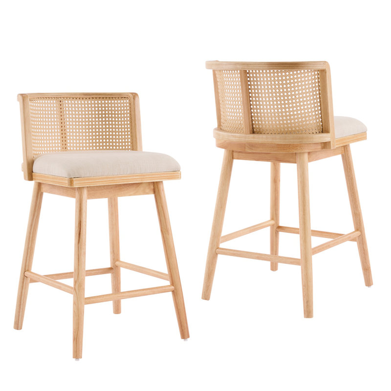 Talia Indoor Upholstered Wooden Counter Stool, Bar Chair, Natural Finish Frame with Beige Upholstery, Set of 2, Natural