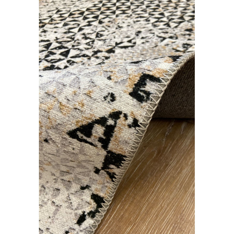 Gray Geometric Pattern Washable Rug, Rectangle 3'11" x 5'11"