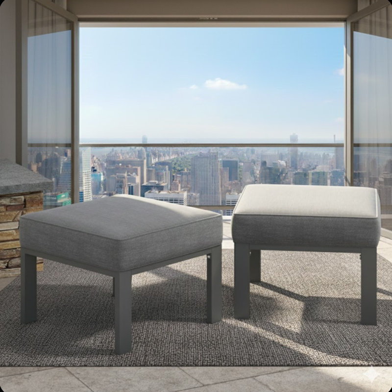 Set Of 2,  22” All-Weather Metal Patio Ottomans Thick Gray Cushions & Gray Frame, Gray Cushion/Gray Frame
