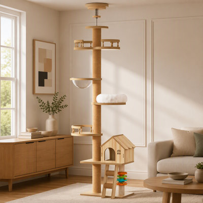 Arbre à chat du sol au plafond, hauteur réglable (98-110 pouces), grand lit niche et hamac pour le divertissement félin