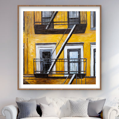 «Building Old Fire Escape» - reproduction encadrée avec passe-partout noir | Décoration