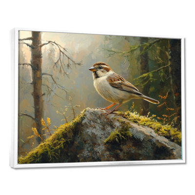Oiseau moineau sur un rocher de forêt II - art mural oiseau pour le salon