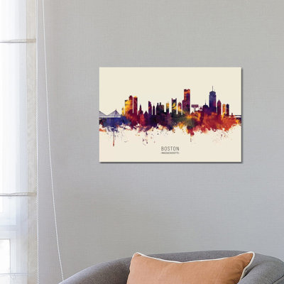 Boston Massachusetts Skyline Red Beige by Michael Tompsett - Wrapped Canvas Print