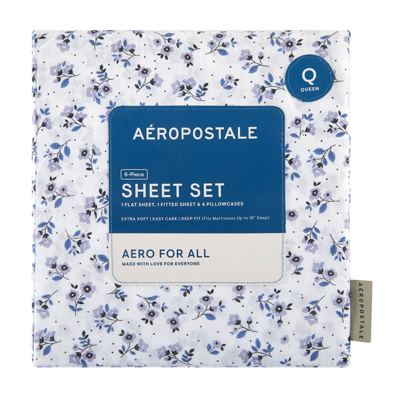 Ensemble de draps en microfibre toutes saisons de qualité supérieure 6 pièces Aeropostale, 4 taies d'oreiller, 1 drap-housse, 1 drap plat, pour matelas jusqu'à 16 po de profondeur, grand lit, mauve bleu floral