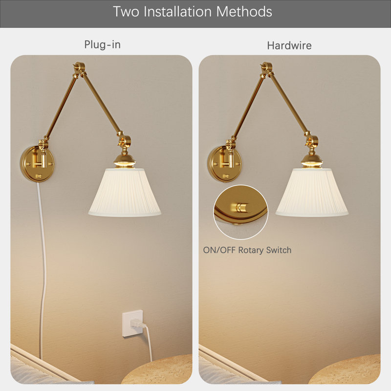 Plug-in/Hardwired Swing Arm Sconce, Gold & White
