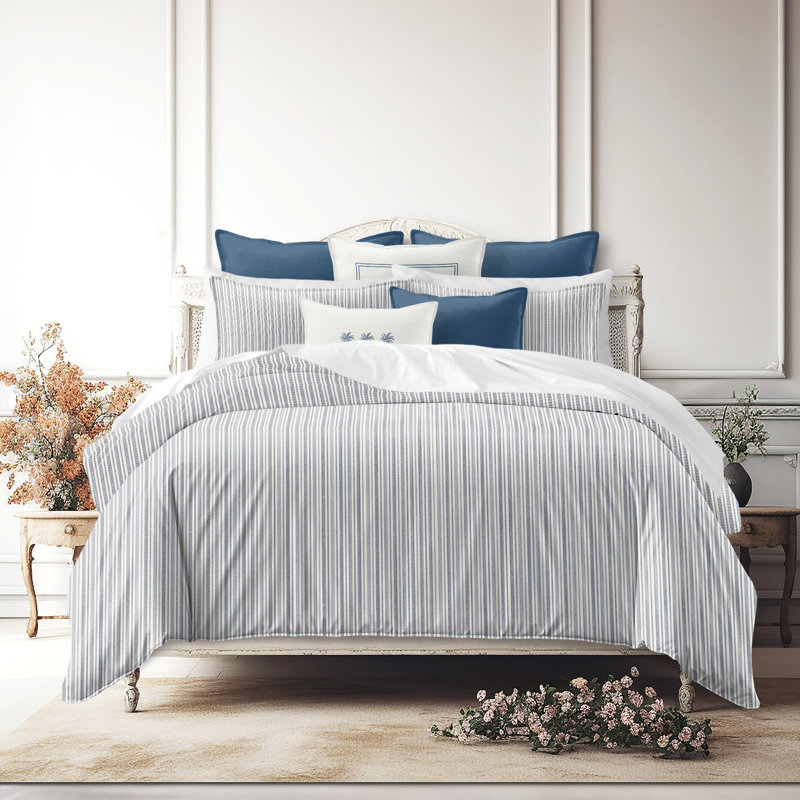 Pacific Stripe Reversible Cotton Duvet Cover Set, Denim, Queen Duvet Cover + 2 Queen Shams