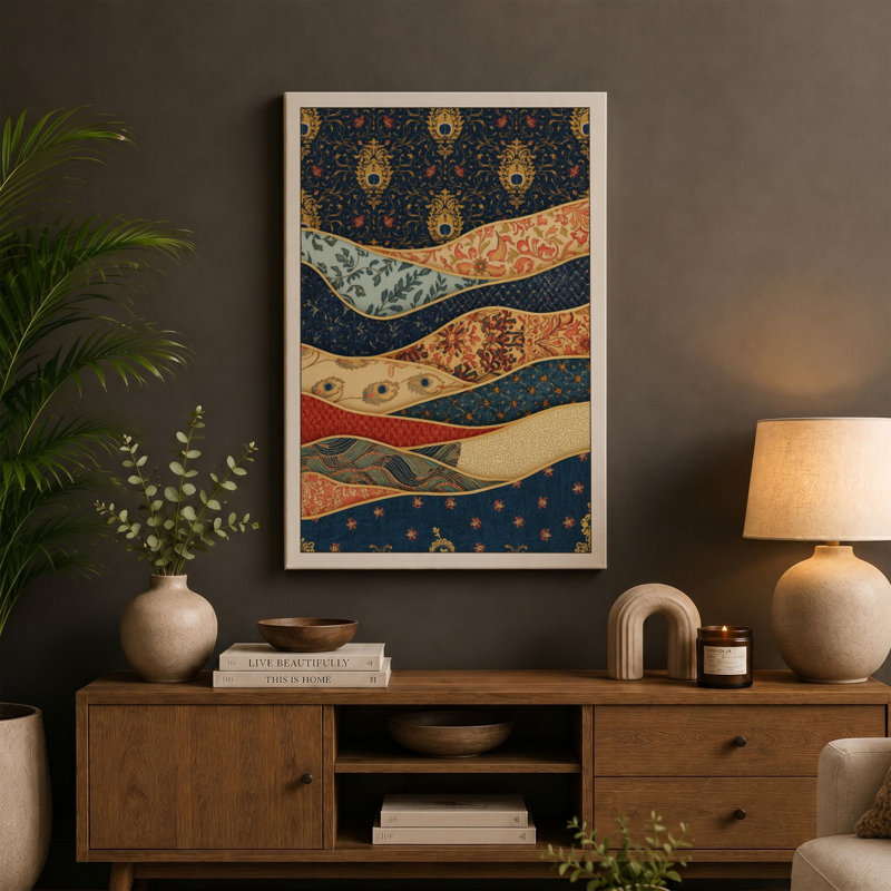 Layered Textile Composition Eclectic - Wrapped Canvas, Cream Border, 30x20 - 76.2 x 50.8 cm