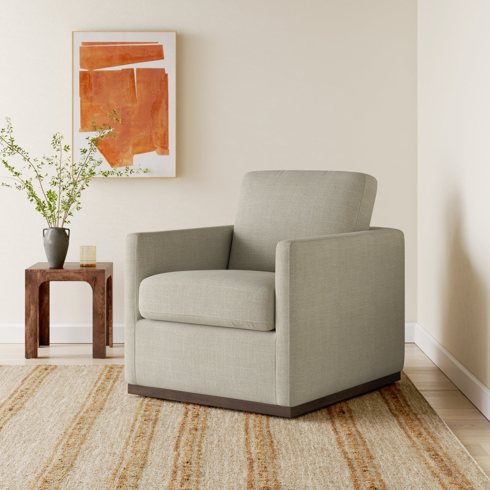 Bobbi Upholstered Swivel Armchair, Effie Flax Performance Linen
