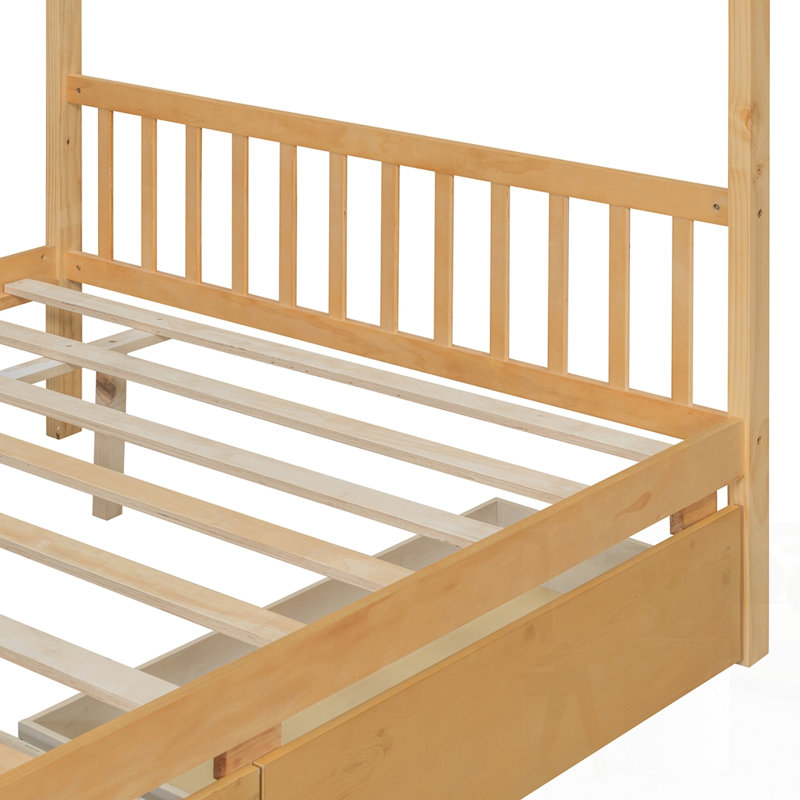 Lit en bois avec tiroirs, Naturel, Double