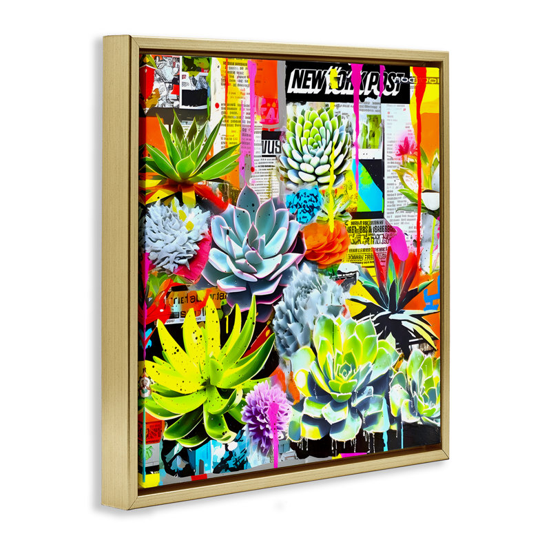 Art mural sur toile Urban Graffiti Succulents Floater par Jess Stempel, H 25 po x l 25 po, Cadre flottant métallique doré