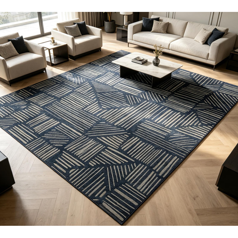 Tapis géométrique abstrait moderne lavable à la machine, tapis doux antidérapant à poils courts, Bleu, 6 * 9 pi