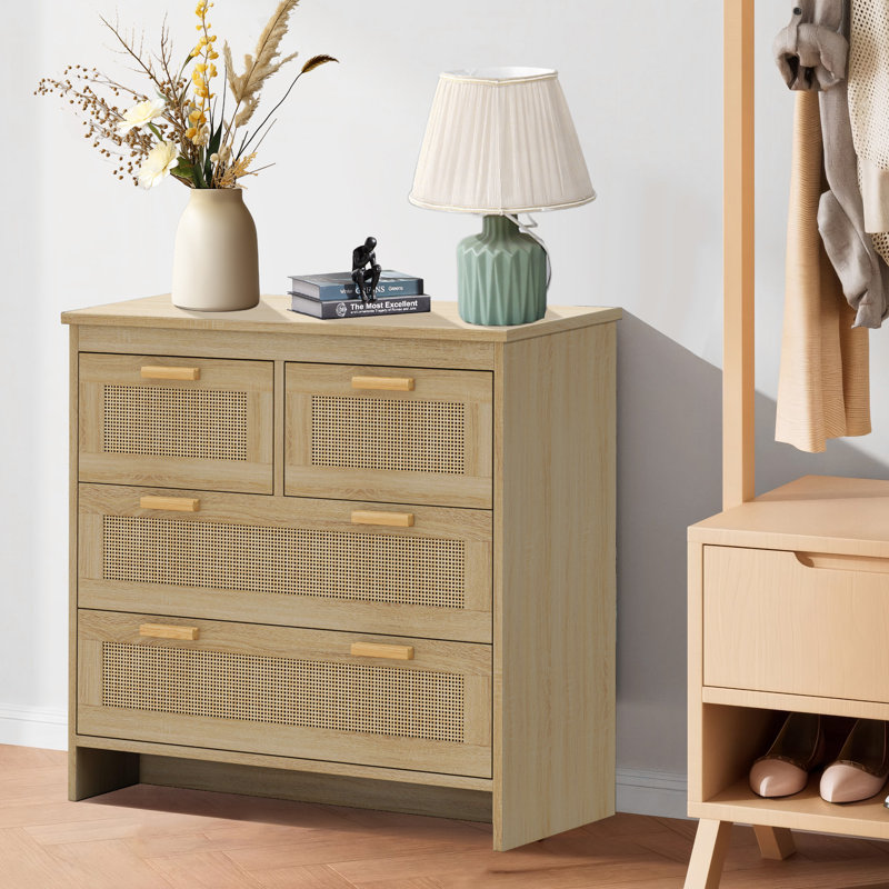 3-Drawer Rattan Geoff Dresser, Wooden Storage Cabinet w/Boho Mid-Century, Natural