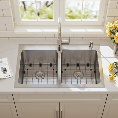 Blenzia 33 Inch Double Bowl Drop In Kitchen Sink 33x22 Topmount 16 Gauge Stainless Steel Commercial Grade Satin Finish Sinks With Strainer & Grid 33" X 22" X 9"