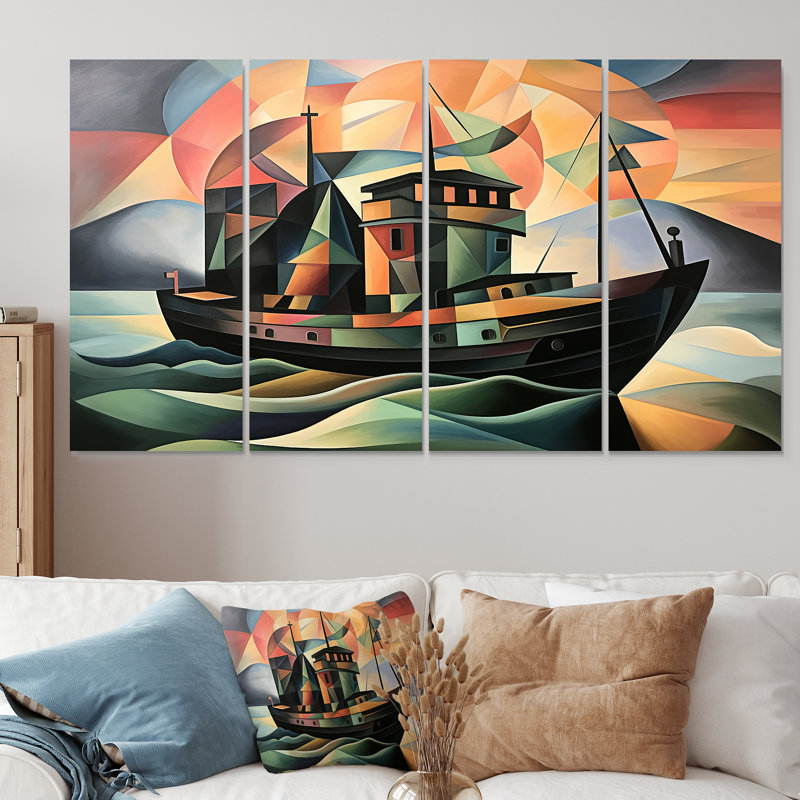 Art mural 4 pièces, bateau de croisière cubiste, H 28 po x l 48 po