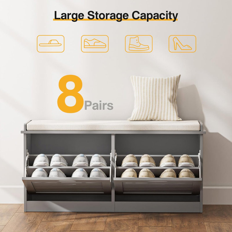 Shoe Storage Bench With 2 Flip Drawer & Seat Cushion, Entryway Bench With Shoe Storage, Hidden Shoe Rack Bench For Hallway, Bedroom, Mudroom