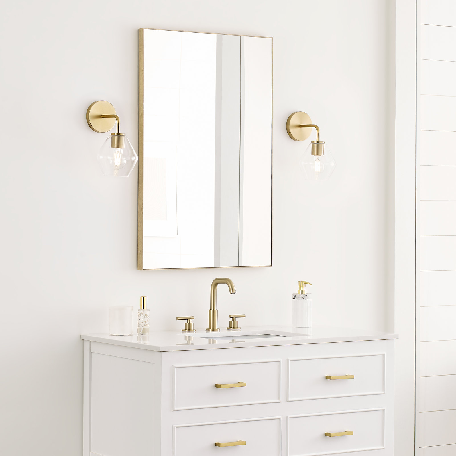 Rooks Single Light Dimmable Armed Sconce, Satin Brass, Clear