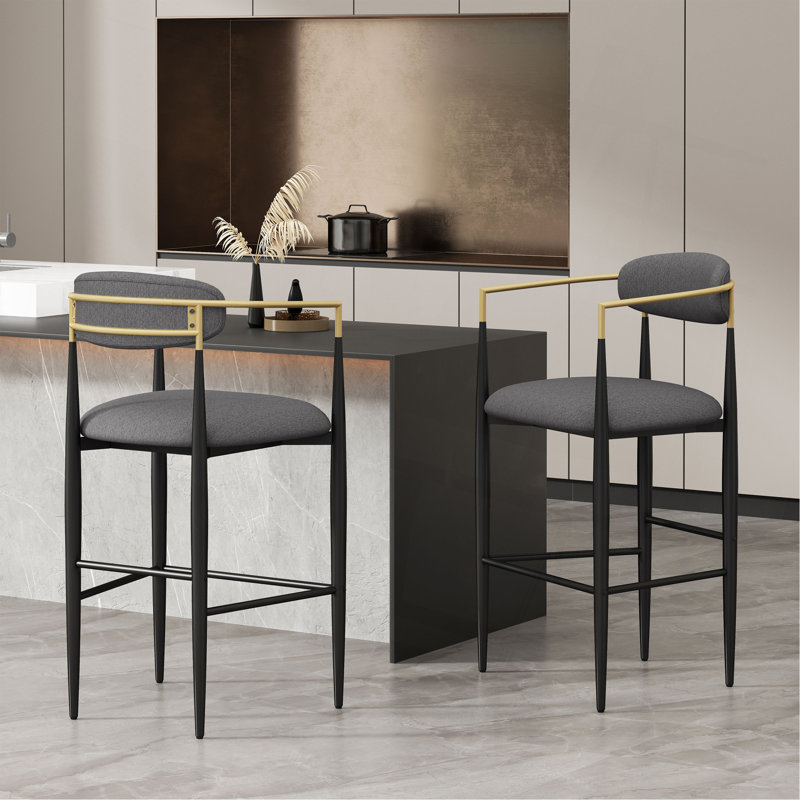 Ensemble de 2 tabourets de bar, tabourets de bar rembourrés à hauteur de comptoir avec dossier et pieds en fer pour îlot de cuisine, assise en tissu d'une capacité de poids de 260 lb