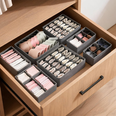Lot de 12 organisateurs de tiroir pliables pour sous-vêtements – Boîtes de rangement en tissu à 116 compartiments pour chaussettes, soutiens-gorge et vêtements de bébé – Séparateur de placard gain de place pour commode, chambre, chambre d'enfant – Gris, 30 x 14 x 10 cm et 30 x 10 x 10 cm