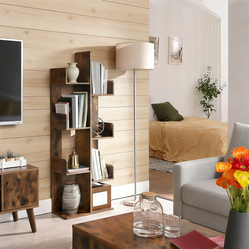 Rustic Brown Tree-Shaped Bookshelf With 8 Storage Shelves, Rounded Corners Bookcase