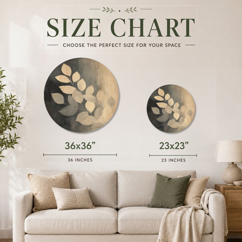 Branche de feuilles au clair de lune - Décoration murale ronde en bois avec feuillage, Rond 36 po, Rond