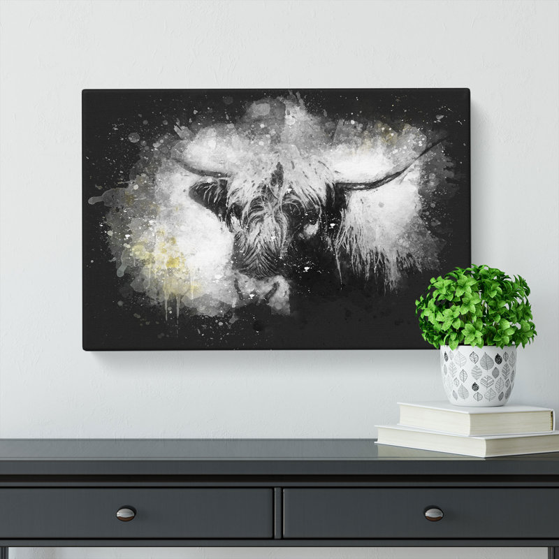Paint Splattered Highland Cow - Wrapped Canvas Painting Print, 50cm H x 76cm W x 3cm D