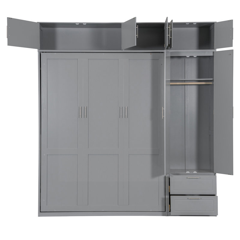 Grand lit escamotable mural avec armoire supérieure, tablettes et garde-robe, conception pliable peu encombrante, gris