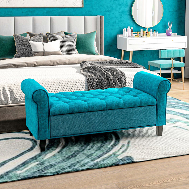 Banc de chambre de 50 po, sarcelle rembourré avec accoudoirs roulés et rangement caché pour le salon, compartiment de banc d'entrée