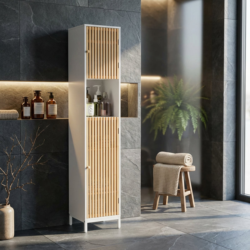 Sleek Tall Bathroom Storage Cabinet with Slatted Doors Offering Ample Organization Space for Towels and Toiletries
