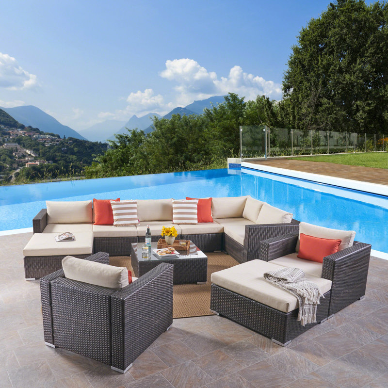 8 - Person Patio Conversation Set with Cushions, Multibrown Frame / Beige Cushion