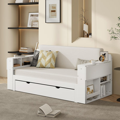 Full Size Daybed With Removable Desk, Storage Drawers & Hydraulic Side Table, White