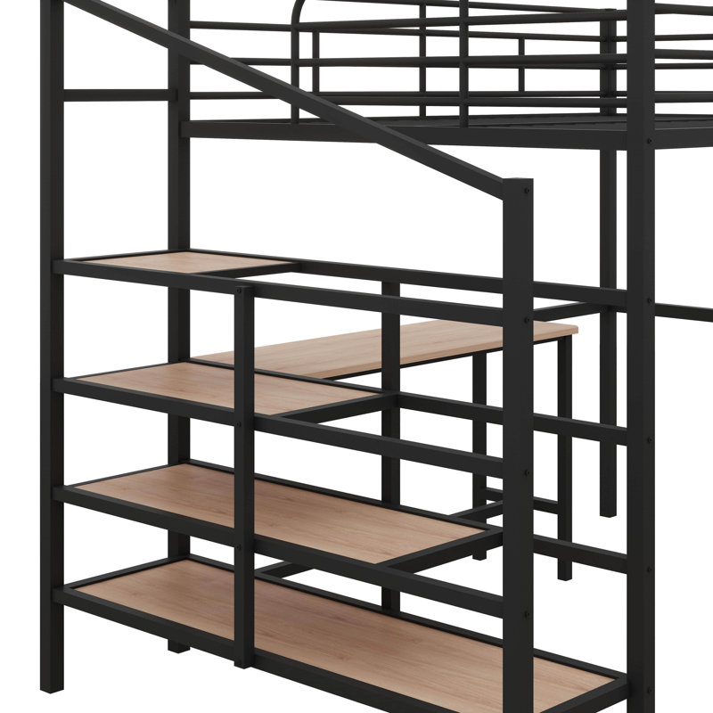 Full Size Metal Loft Bed With Desk And Lateral Storage Ladder, Black
