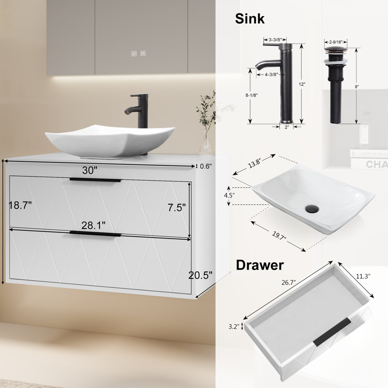 Sharee 30" Wall Mount Bathroom Vanity With Vessel Sink, White, Specialty