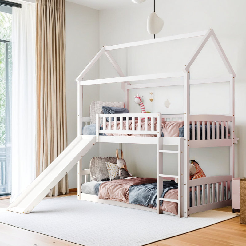 Twin Over Twin Bunk Bed With Slide, House Bed With Slide, White