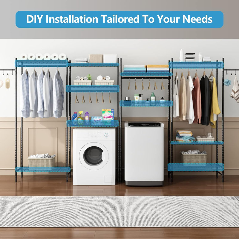 Black Adjustable Over Washer and Dryer Storage Shelf with Hooks