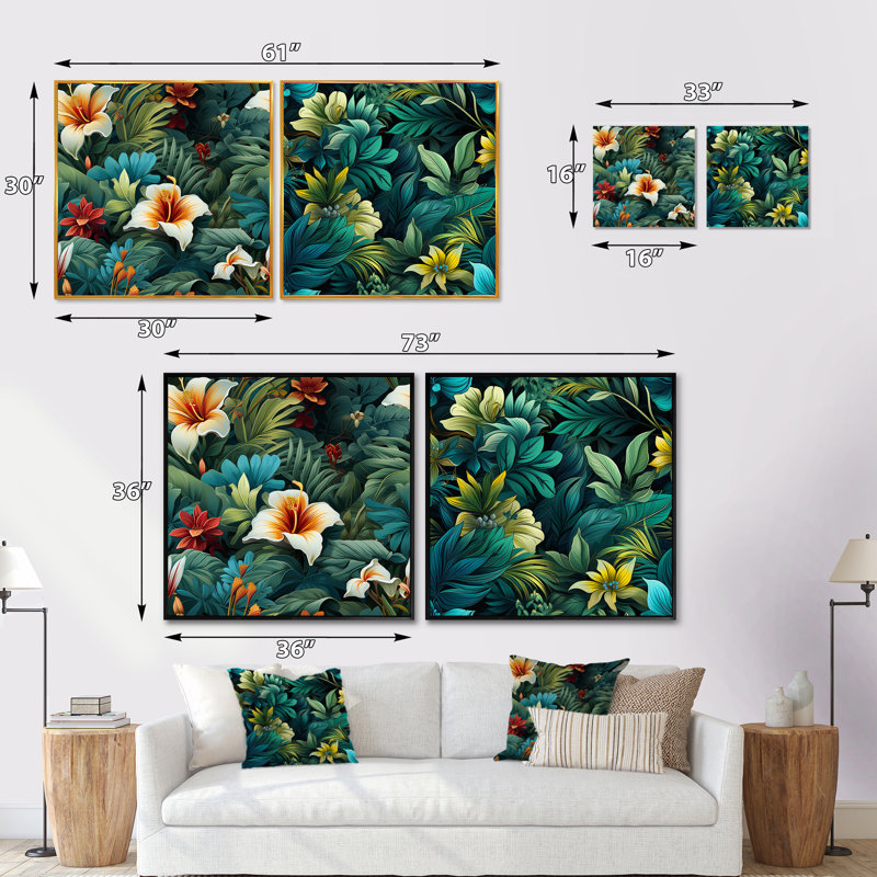 Rainforest Radiance - motif tropical - ensemble de 2 collages carrés tropicaux, H 16 po x l 33 po, Cadre flottant doré