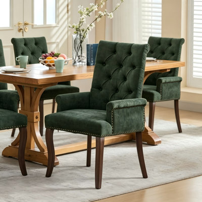 Upholstered Chenille Fabric Accent Dining Chair, Curved Solid Wood Legs or Steel Legs, Elegant Tufted Arm Chair for Living Room & Dining Room, Single‑Pack or Set of 2, Olive Green