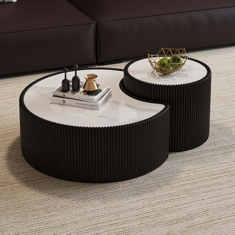 Table basse moderne en pierre frittée avec une forme irrégulière unique et aucun assemblage requis, Noir