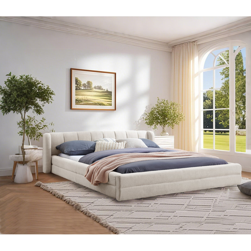 Upholstered Bed Frame with Thick Fabric, Beige