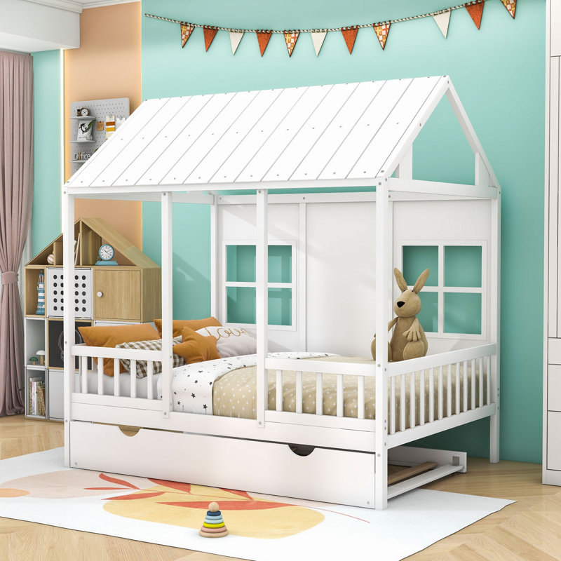 Bellandra Full Size Wood House bed with Twin Size Trundle, White
