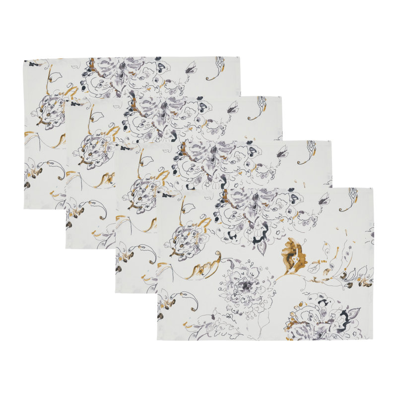 Napperons à motif floral en mélange de lin (ensemble de 4) - Napperons décoratifs pour botanique, Blanc/Noir
