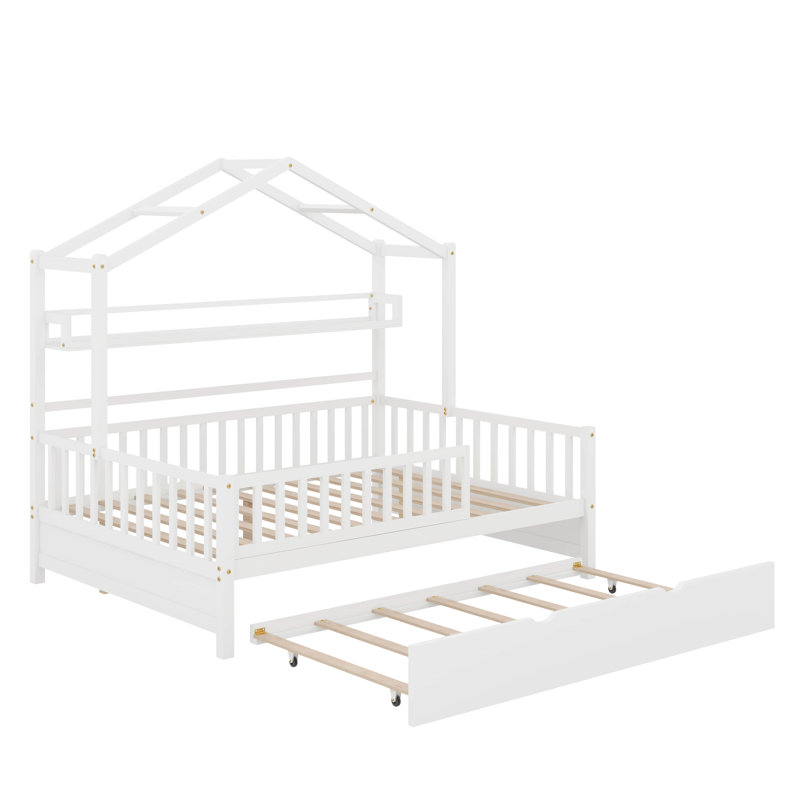 Lit double en bois avec tablette et lit gigogne