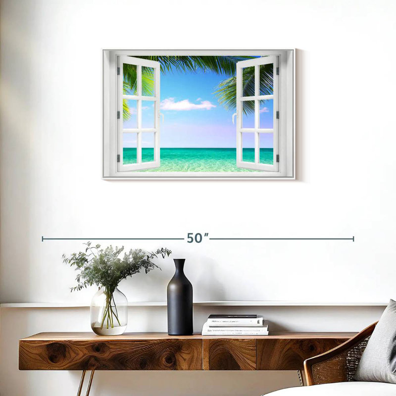 Fenêtre sur la plage turquoise, Cadre flottant blanc, 46 po x 31 po